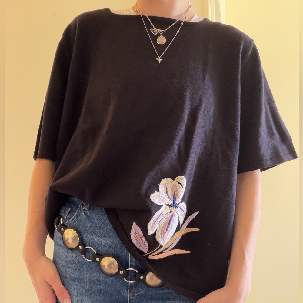 Sag Harbor Black Women's Top with Embroidered Flower